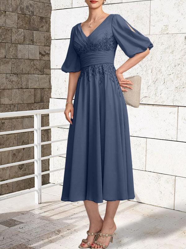 A-line V-Neck Tea-Length Lace Chiffon Mother of the Bride Dress With Pleated by Dreamylily
