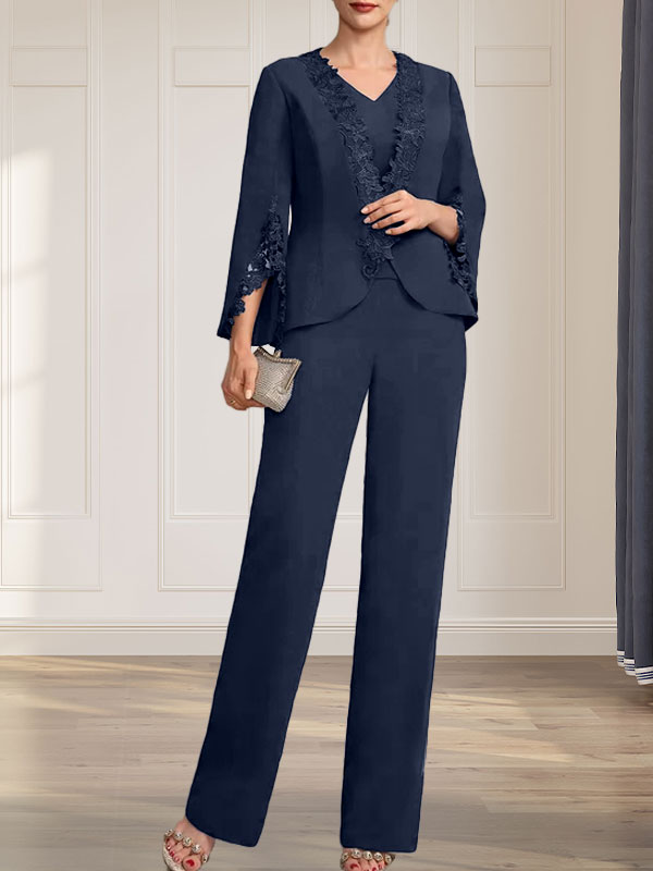 Separates Jumpsuit/Pantsuit V-Neck Floor-Length Chiffon Mother of the Bride Dress