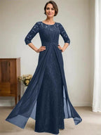 A-Line Scoop Illusion Floor-Length Lace Chiffon Mother Of the Bride Dress With Beading Ruffles by Dreamylily