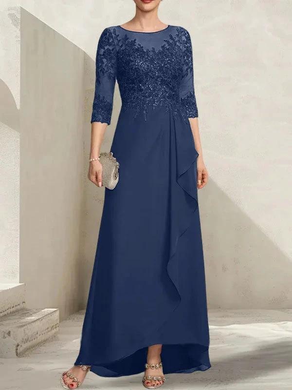 A-line Scoop Illusion Asymmetrical Lace Chiffon Mother of the Bride Dress With Sequins Cascading Ruffles by Dreamylily
