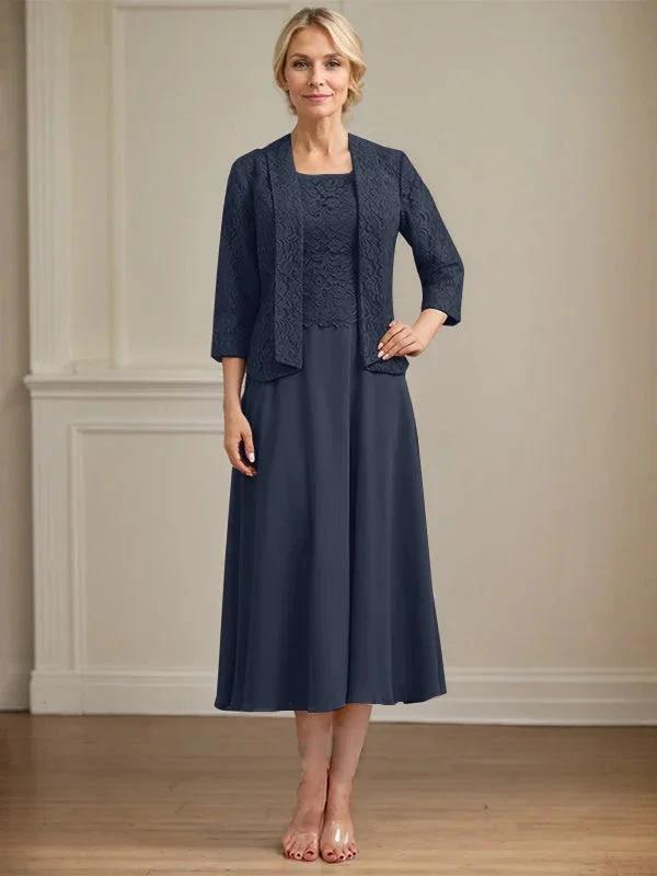A-line Scoop Tea-Length Lace Chiffon Mother of the Bride Dress by Dreamylily