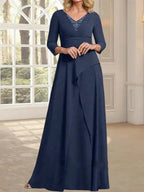 A-line V-Neck Floor-Length Chiffon Mother of the Bride Dress With Pleated Beading by Dreamylily
