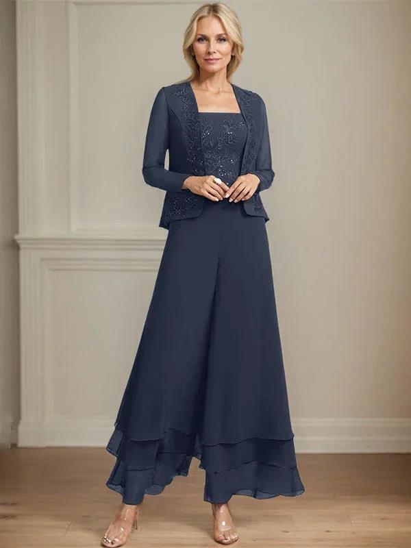 Separates Jumpsuit/Pantsuit Square Ankle-Length Lace Chiffon Mother of the Bride Dress With Sequins by Dreamylily