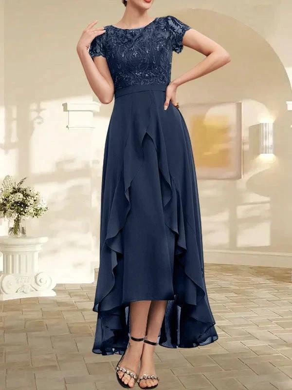 A-line Scoop Illusion Asymmetrical Chiffon Lace Mother of the Bride Dress With Bow Ruffle Sequins by Dreamylily