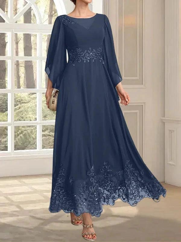 A-line Scoop Illusion Ankle-Length Lace Chiffon Mother of the Bride Dress With Sequins by Dreamylily