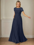 Dark Navy A-Line Boatneck Sequins Chiffon Dress by Dreamylily