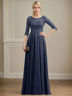 A-line Scoop Illusion Floor-Length Lace Chiffon Mother of the Bride Dress With Sequins by Dreamylily