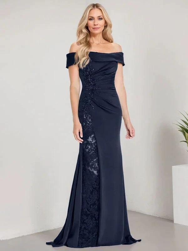 A-Line Off the Shoulder Floor-Length Mother of the Bride Dress Applique Beadings Mermaid Dress With High Split by Dreamylily