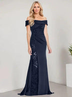 A-Line Off the Shoulder Floor-Length Mother of the Bride Dress Applique Beadings Mermaid Dress With High Split by Dreamylily