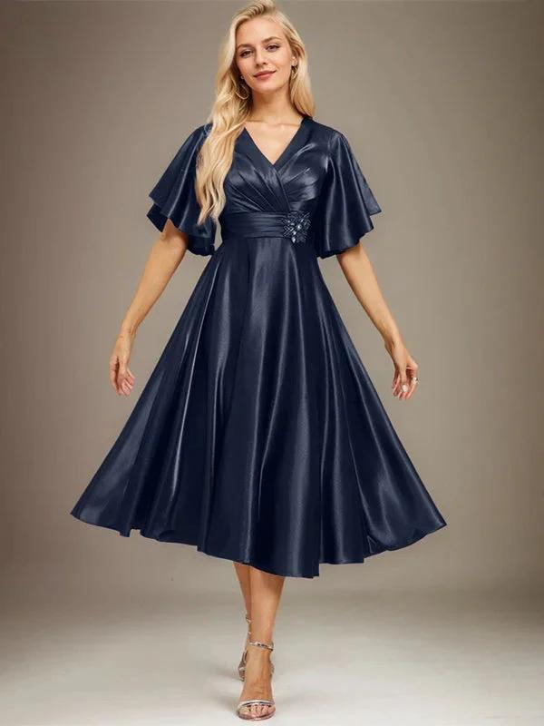 A-line V-Neck Tea-Length Stretch Satin Mother of the Bride Dress With Beading Pleated by Dreamylily