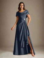 A-Line Scoop Floor-Length Stretch Satin Mother of the Bride Dress With Cascading Ruffles by Dreamylily