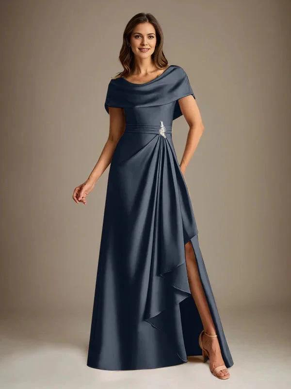 A-Line Scoop Floor-Length Stretch Satin Mother of the Bride Dress With Cascading Ruffles by Dreamylily