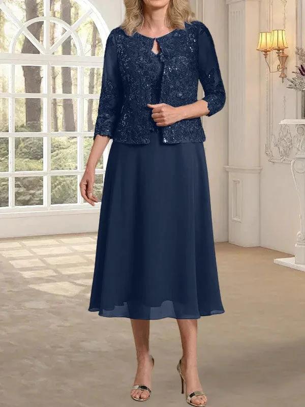 A-line Scoop Tea-Length Lace Chiffon Mother of the Bride Dress With Sequins by Dreamylily