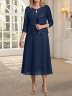 A-line Scoop Tea-Length Lace Chiffon Mother of the Bride Dress With Sequins by Dreamylily
