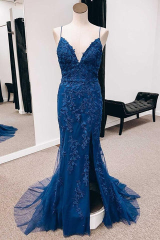 Vestido de fiesta largo estilo sirena con espalda con cordones y apliques azul marino, con abertura PSK391