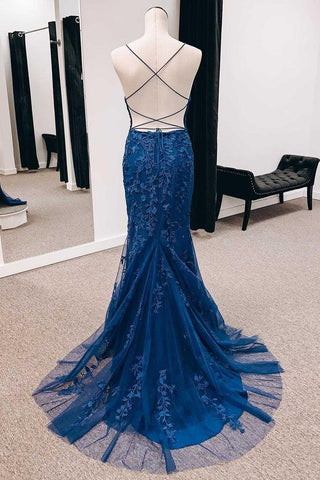 Vestido de fiesta largo estilo sirena con espalda con cordones y apliques azul marino, con abertura PSK391