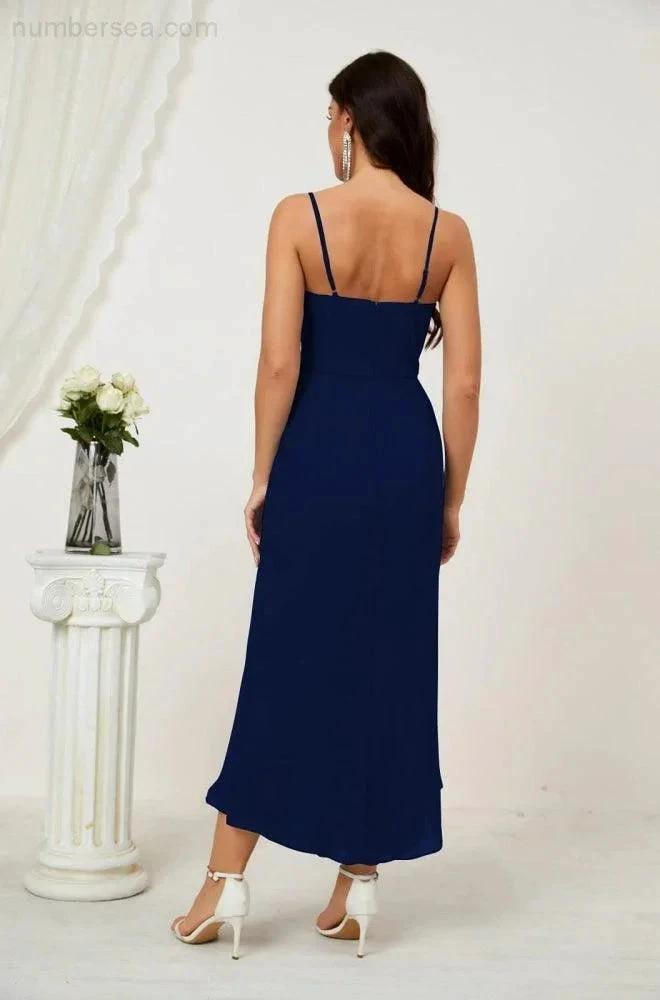 Numbersea Spaghetti Chiffon V Neck Bridesmaid Dress Mid-Length Slit Formal Prom Dress Homecoming Dress 2803 by numbersea