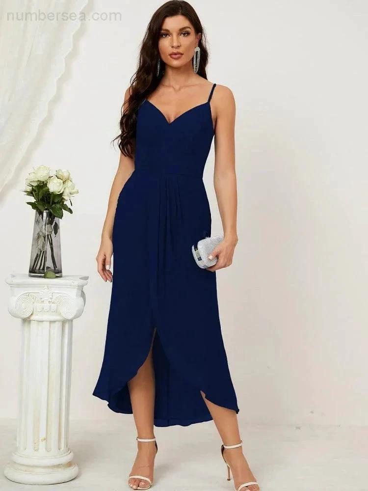 Numbersea Spaghetti Chiffon V Neck Bridesmaid Dress Mid-Length Slit Formal Prom Dress Homecoming Dress 2803 by numbersea