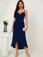 Numbersea Spaghetti Chiffon V Neck Bridesmaid Dress Mid-Length Slit Formal Prom Dress Homecoming Dress 2803 by numbersea