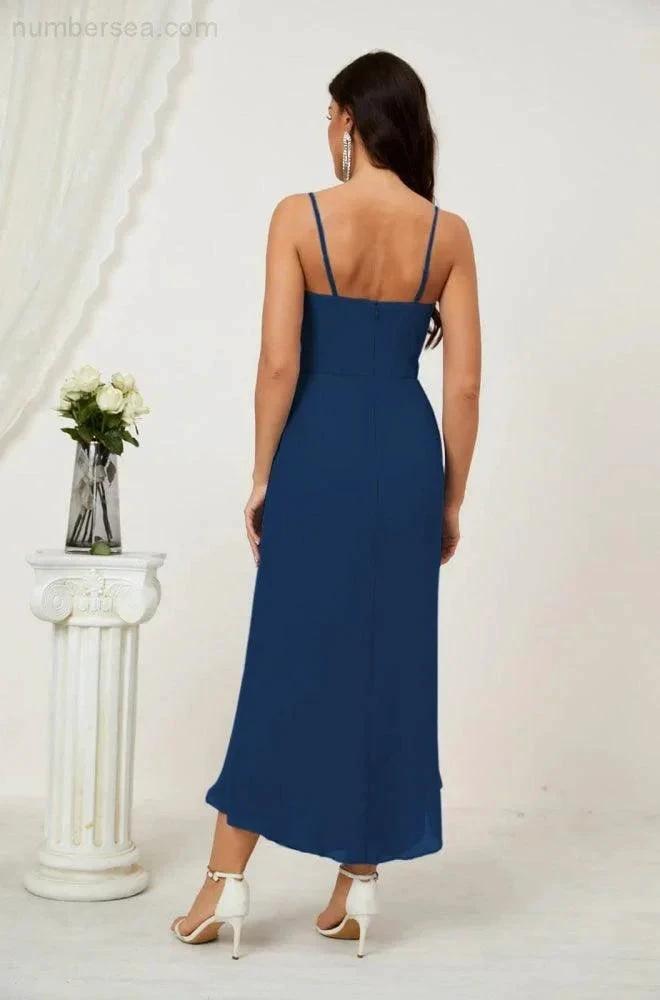 Numbersea Spaghetti Chiffon V Neck Bridesmaid Dress Mid-Length Slit Formal Prom Dress Homecoming Dress 2803 by numbersea