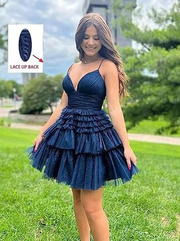 Vestido de fiesta de tul brillante con tirantes y falda con volantes escalonados SYH91 