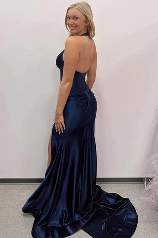 Vestido de fiesta largo de sirena con cuello halter y abertura azul marino PSK525