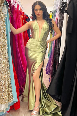 Vestido de fiesta largo de sirena con cuello halter y abertura azul marino PSK525