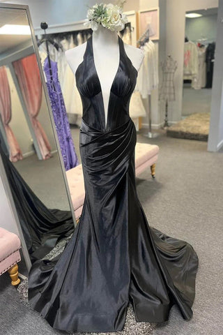Vestido de fiesta largo de sirena con cuello halter y abertura azul marino PSK525