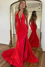 Robe longue de bal sirène bleu marine à col licou avec fente PSK525