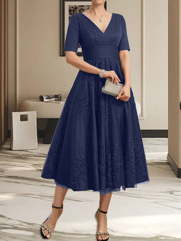 A-line V-Neck Tea-Length Tulle Lace Mother of the Bride Dress With Pleated