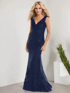 A-line V-Neck Floor-Length Lace Chiffon Mother of the Bride Dress With Applique Sequins Mermaid Dresses by Dreamylily