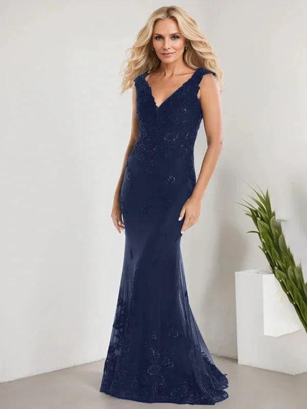 A-line V-Neck Floor-Length Lace Chiffon Mother of the Bride Dress With Applique Sequins Mermaid Dresses by Dreamylily