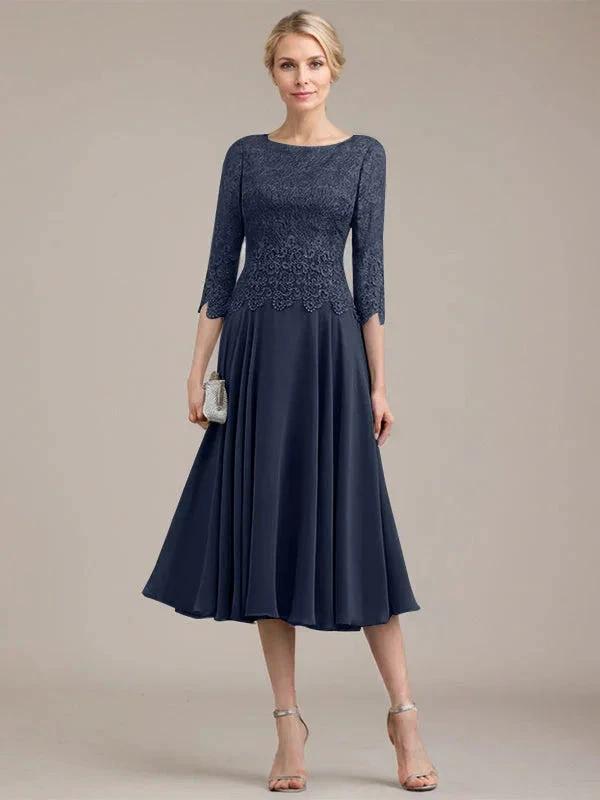 A-line Scoop Tea-Length Lace Chiffon Mother of the Bride Dress by Dreamylily