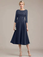 A-line Scoop Tea-Length Lace Chiffon Mother of the Bride Dress by Dreamylily