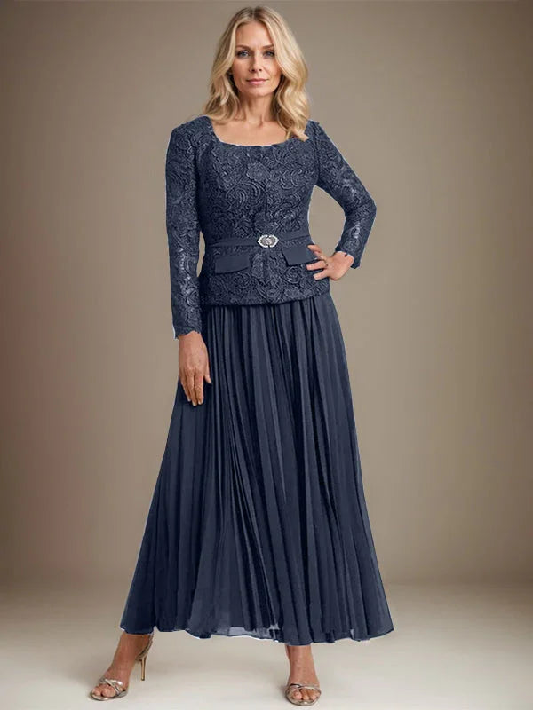 Vestido de gasa para madre de la novia con corte A, cuadrado, largo hasta los tobillos, con pliegues 