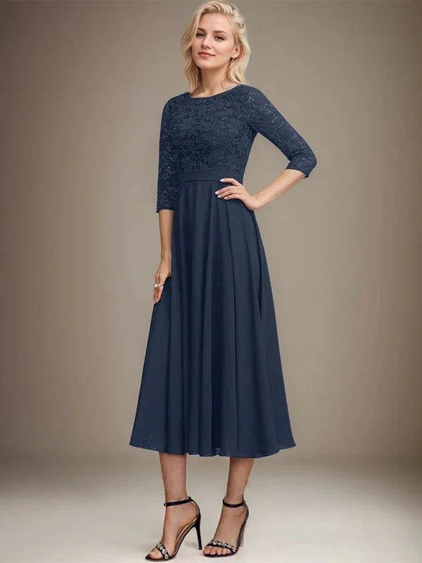 A-line Scoop Tea-Length Lace Chiffon Mother of the Bride Dress With Sequins by Dreamylily
