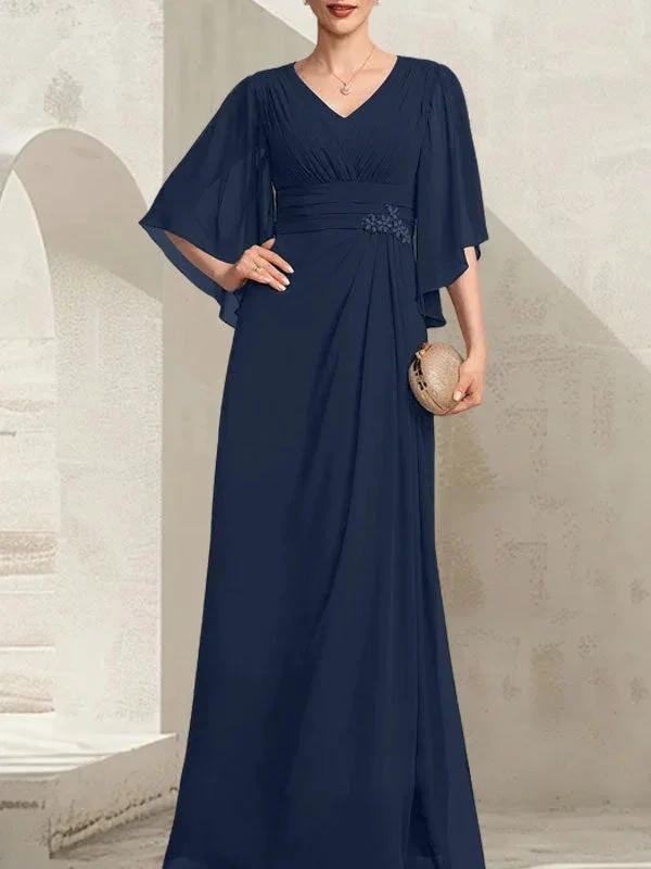 Sheath/Column V-Neck Floor-Length Chiffon Mother of the Bride Dress With Pleated Sequins Beading by Dreamylily