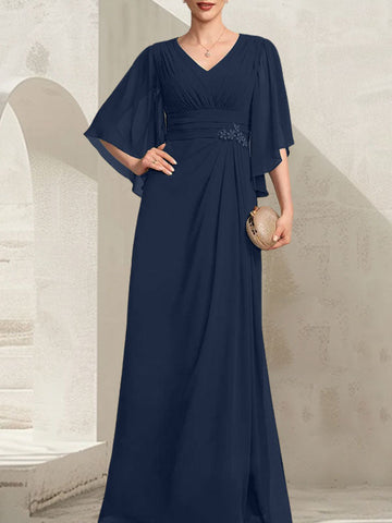 Vestido de gasa para madre de la novia, con escote en V, largo hasta el suelo, con lentejuelas plisadas y abalorios