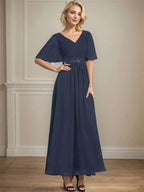 A-line V-Neck Ankle-Length Chiffon Mother of the Bride Dress With Pleated Beading Sequins by Dreamylily