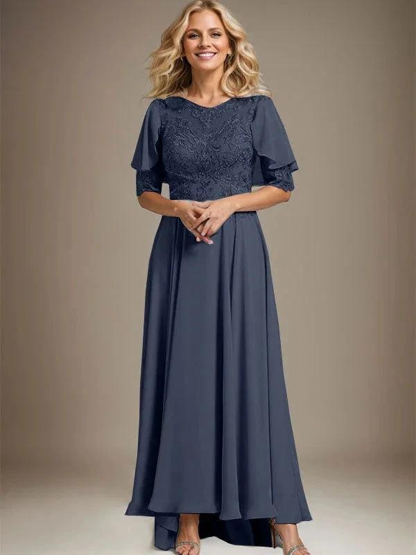 A-line Scoop Illusion Asymmetrical Chiffon Lace Mother of the Bride Dress With Beading by Dreamylily
