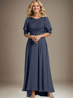 A-line Scoop Illusion Asymmetrical Chiffon Lace Mother of the Bride Dress With Beading by Dreamylily