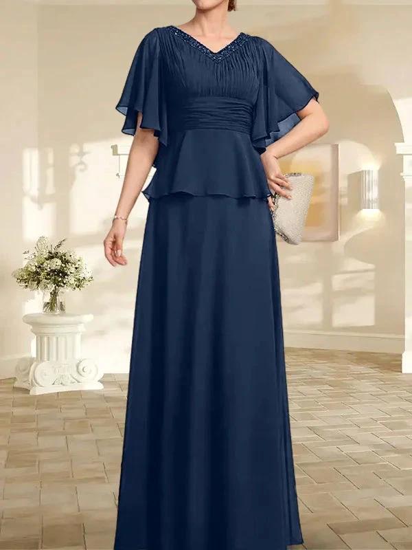 A-line V-Neck Floor-Length Chiffon Mother of the Bride Dress With Pleated Beading by Dreamylily
