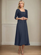 A-line Square Tea-Length Chiffon Lace Mother of the Bride Dress With Sequins Beading by Dreamylily