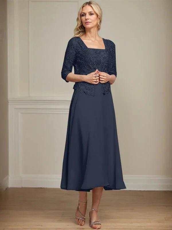 A-line Square Tea-Length Chiffon Lace Mother of the Bride Dress With Sequins Beading by Dreamylily