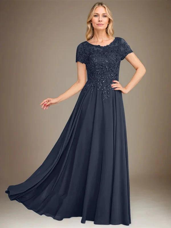 A-Line Scoop Floor-Length Chiffon Mother of the Bride Dress With Applique & Sequins by Dreamylily
