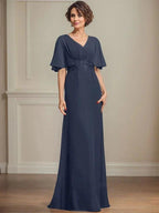 A-line V-Neck Floor-Length Chiffon Mother of the Bride Dress With Pleated Sequins Appliques Lace by Dreamylily