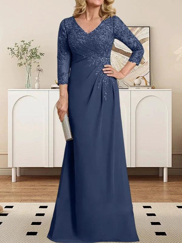 Sheath/Column V-Neck Illusion Floor-Length Lace Chiffon Mother of the Bride Dress With Pleated Sequins by Dreamylily