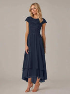A-line Boat Neck Illusion Asymmetrical Chiffon Lace Mother of the Bride Dress With Applique Pleats by Dreamylily