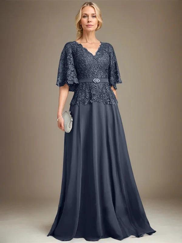 A-line V-Neck Floor-Length Chiffon Lace Mother of the Bride Dress With Crystal Brooch Rhinestone by Dreamylily
