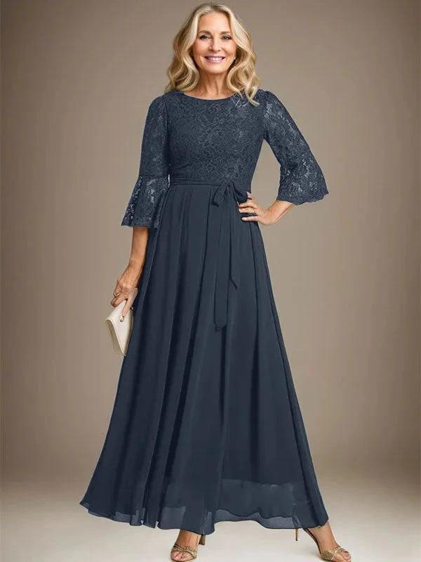 Robe de mère de la mariée en mousseline de soie à dentelle, longueur cheville, en forme trapèze avec encolure dégagée et nœud